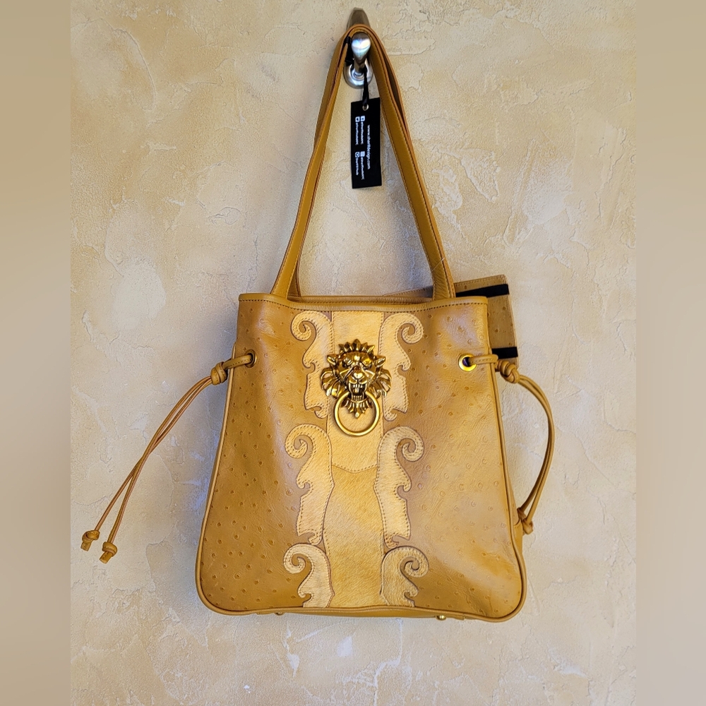 Rare, Gold-Tone Lion  Head Door Knocker Camel Leather Sharif 1827   Handbag